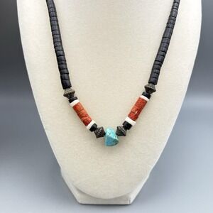 Vintage Graduated Heishi Brown Pen Shell Necklace 19" Turquoise Sponge Coral